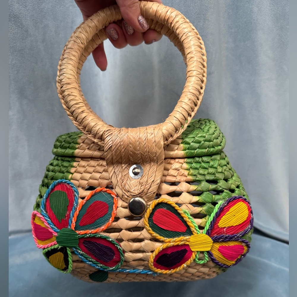 Woven Handbag with Colorful Butterfly Design - Picture 7 of 7